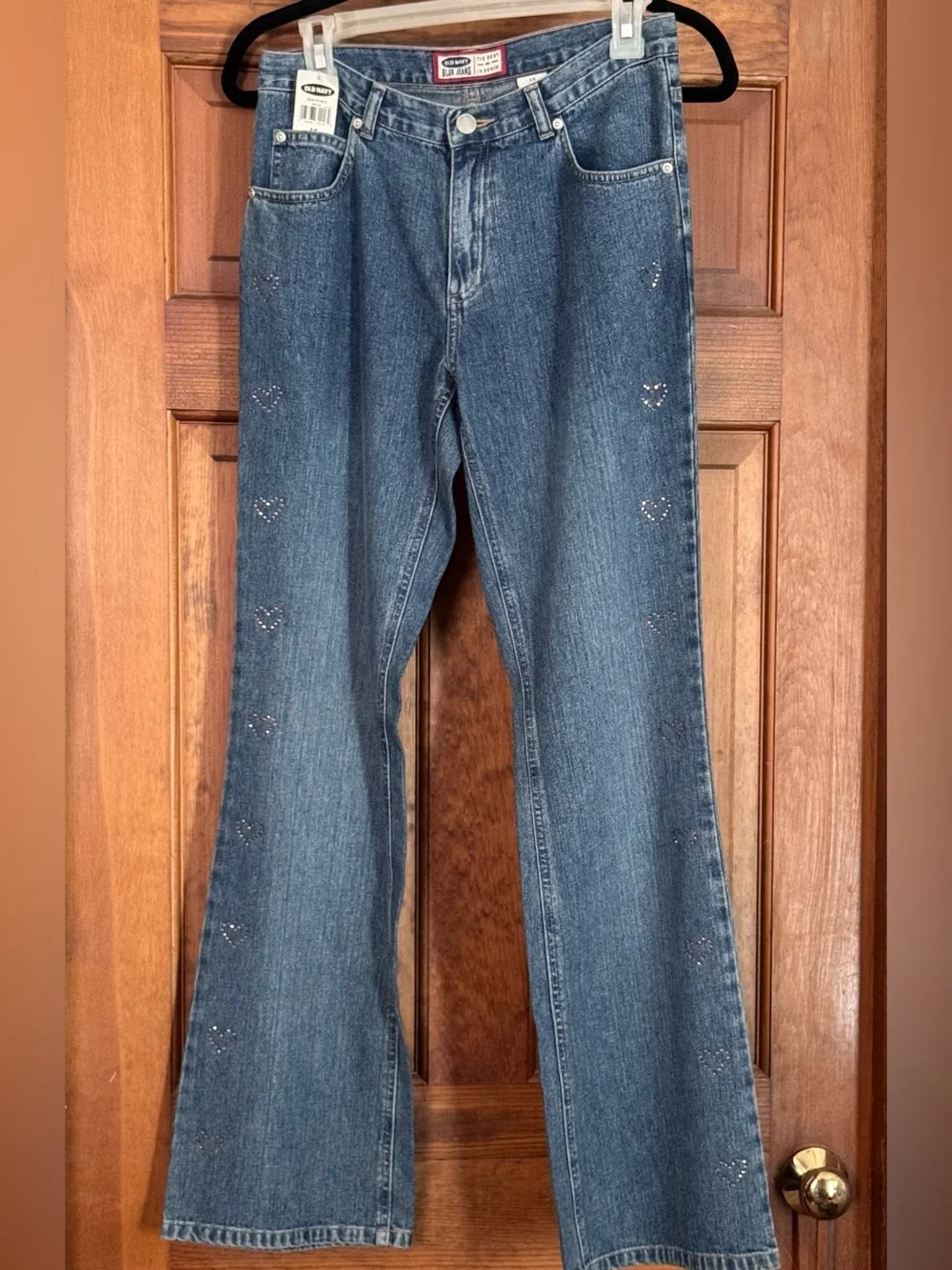 Old Navy NWT Girls Size 16 Embellished Bell Bottom Cotton Jeans Pink Hearts